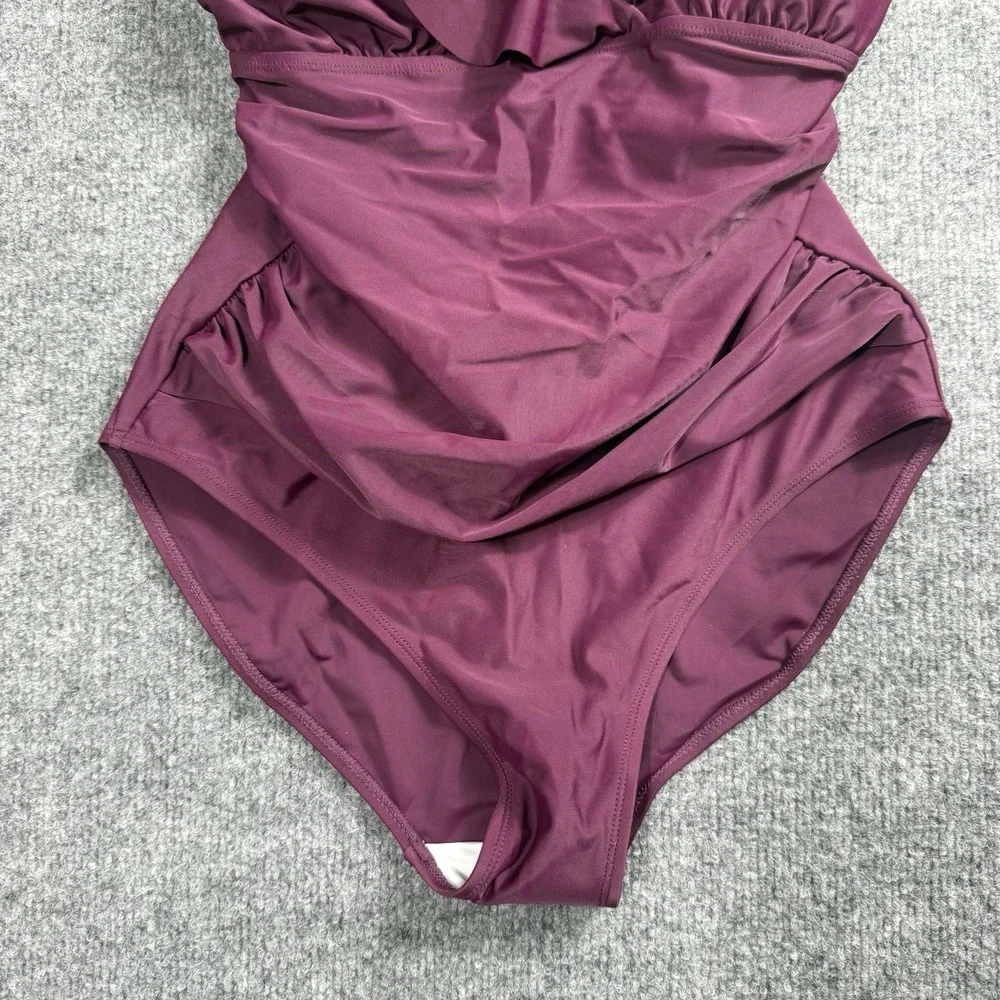 Plum Purple Ruffle One Piece Swimsuit Ruched Tummy‎ Control V-Neck Bathing Suit